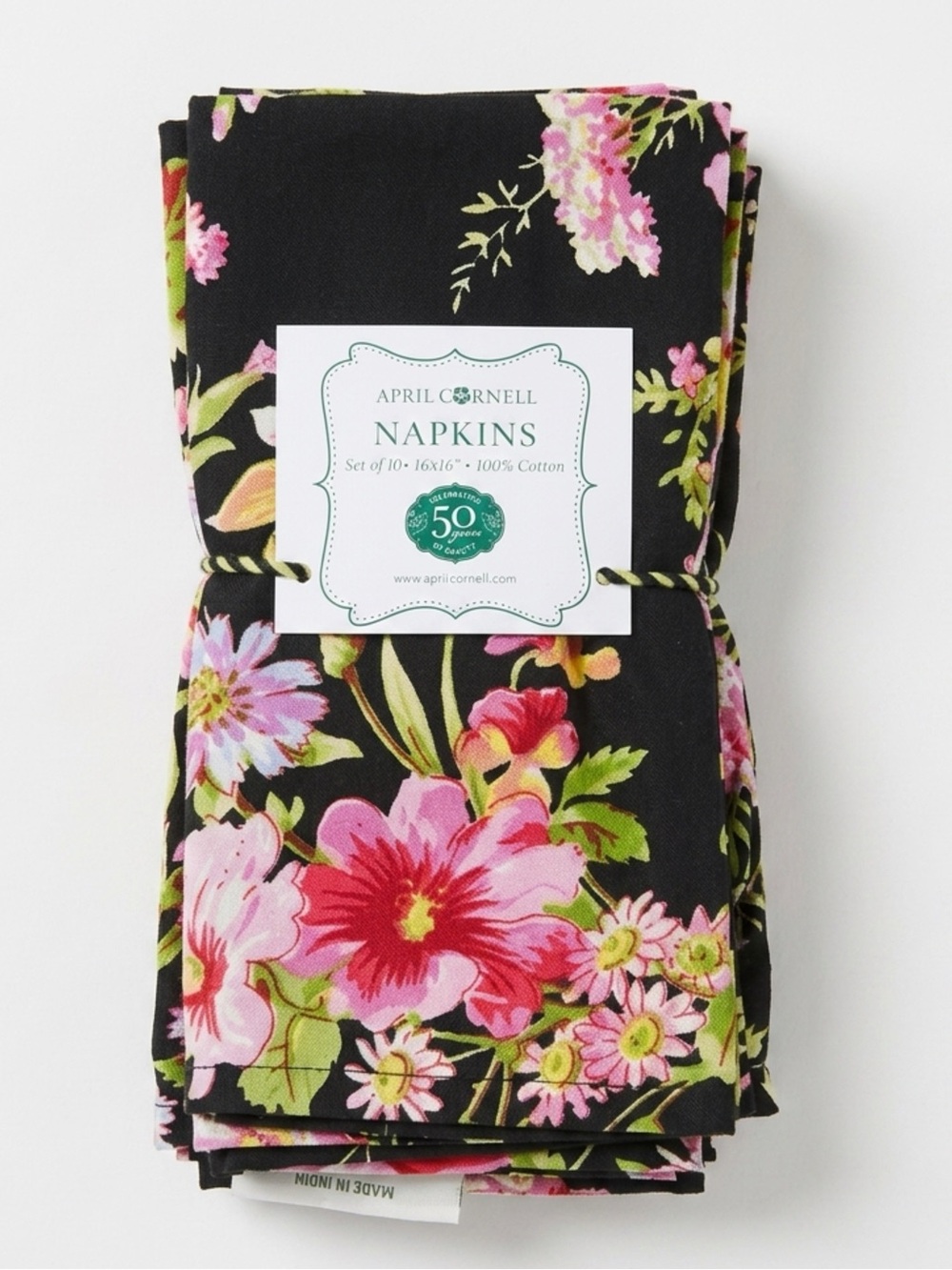April Cornell Eternal Rose Floral Cotton Napkins Set of 10 Black Pink Cottage